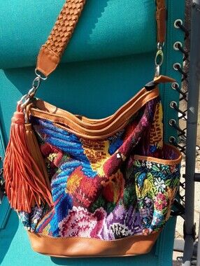 Tropical Parrots Woven Tote with Tan Leather Trim